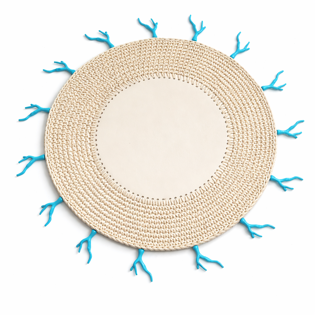 Turkuaz Mercan Detaylı Örgü Yuvarlak Amerikan Servis(Krem)