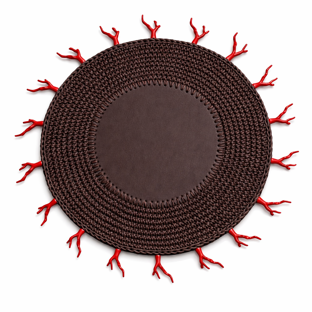Kırmızı Mercan Detaylı Örgü Yuvarlak Amerikan Servis(Kahverengi)