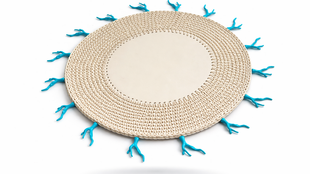 Turkuaz Mercan Detaylı Örgü Yuvarlak Amerikan Servis(Krem)