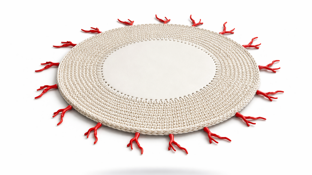 Kırmızı Mercan Detaylı Örgü Yuvarlak Amerikan Servis(Krem)