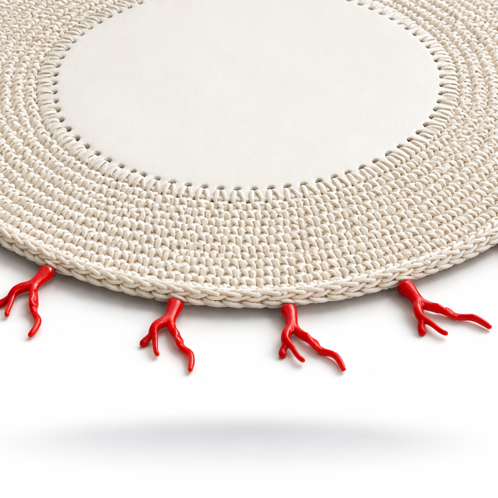 Kırmızı Mercan Detaylı Örgü Yuvarlak Amerikan Servis(Krem)