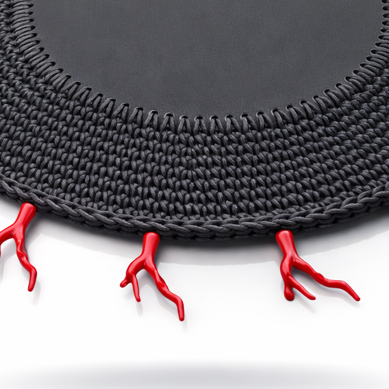 Kırmızı Mercan Detaylı Örgü Yuvarlak Amerikan Servis(Siyah)